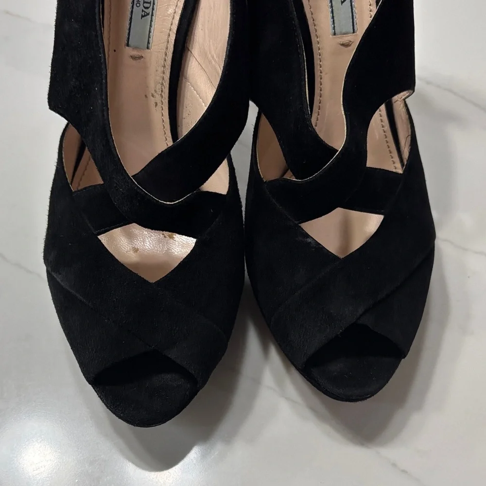 Prada Black Suede Heels with Gold Zipper - Picture 5 of 17
